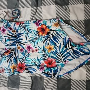 Time and Tru Girls' Floral One-Piece Swimsuit - Blue White Multi